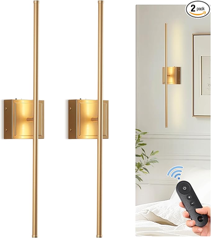 DORESshop Battery Operated Wall Sconces Set of Two with Remote Control, Rechargeable Wall Sconce, 350°Rotate Dimmable Wireless Wall Sconce for Living Room, Hallway, Bedroom, 28.1 Inch, Gold(2 Pack)