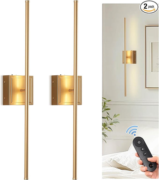 DORESshop Battery Operated Wall Sconces Set of Two with Remote Control, Rechargeable Wall Sconce, 350°Rotate Dimmable Wireless Wall Sconce for Living Room, Hallway, Bedroom, 28.1 Inch, Gold(2 Pack)