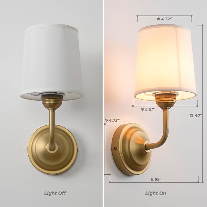 Vintage Fabric Wall Sconce with Funnel White Cloth Shade, E26 Hardwired Indoor 1-Light Wall Mounted Lamp Fixture for Living Room Bedroom Dining Room Hallway