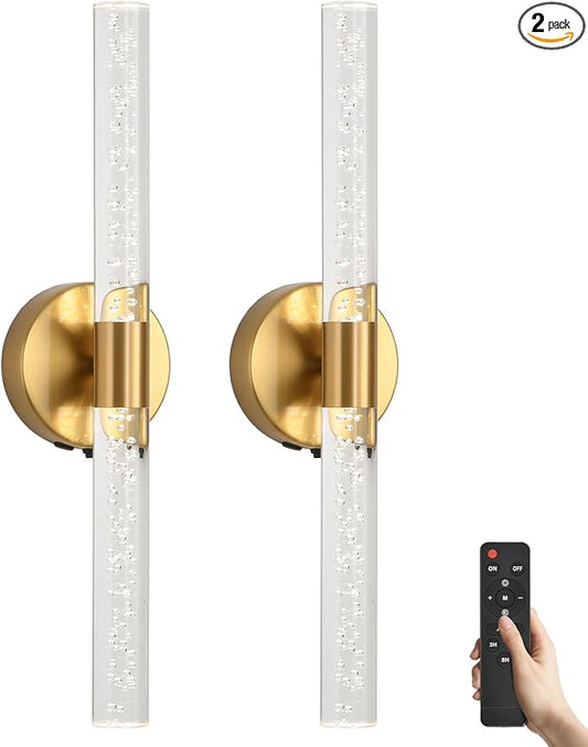 Battery Operated Wall Sconces Set of Two, Gold 20'' Rechargeable Crystal Bubble Wall Sconce with Remote Control, 3000K-6000K Dimmable LED Wireless Wall Lights for Living Room Bedroom Bathroom Hallway