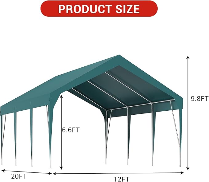 12x20FT Heavy Duty Carport Canopy with Sturdy Frame, Portable Waterproof and UV-Resistant Garage Shelter, Adjustable Height for Car, Boat, Outdoor Storage and Parties Green