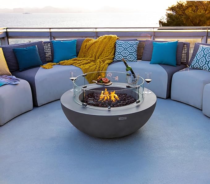 Elementi Lunar Bowl Fire Pit Bundle Outdoor Firepit Set Includes 42” Natural Gas Concrete Firepit, Glass Windscreen, Stainless Steel Cover, Canvas Cover, Floor Mat, and Beverage Tub