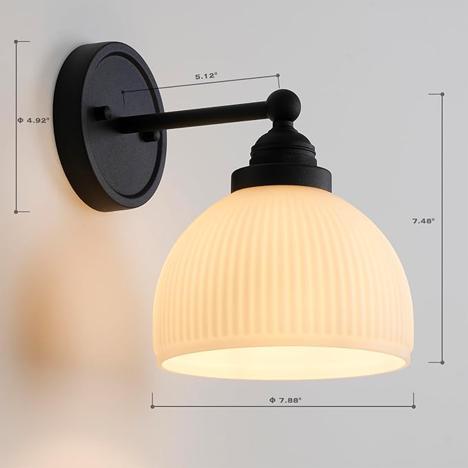 Vintage Wall Sconce 1-Light with White Striped Glass Globe Shade, Indoor Wall Mounted Lamp Fixture for Living Room Bedroom Kitchen Hallway