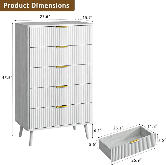 CARPETNAL Fluted 5 Drawers Dresser for Bedroom, 45”Tall Modern Chest of Drawers with Deep Drawers,Curved Profile Design, Wood Drawer Organizer for Living Room, Hallway, White