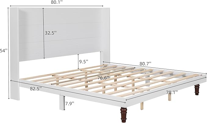 GDFStudio Tall Headboard King Size Bed,Platform Bed Frame with High Back,Wooden Slat Mattress Support No Box Spring Needed Easy Assembly Minimalist Designs 54" H White