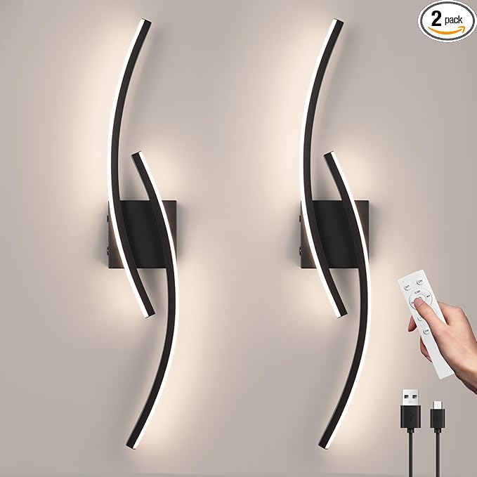 15000mAh Battery Operated Wall Sconce Set of 2,Black Wall Sconces with Remote Control,3000K-6000K Modern LED Wireless Wall Light for Living Room, Hallway, Bedroom, 39.3 Inch (2 Pack)