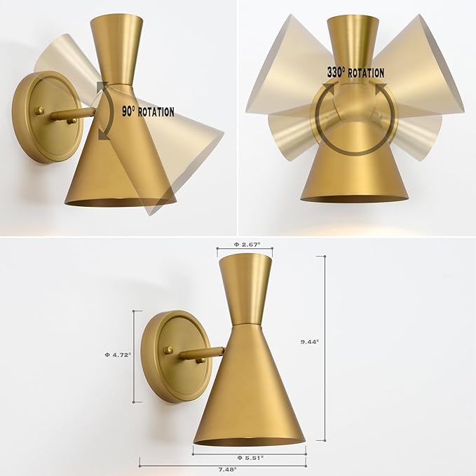 HEQIQEH Adjustable Modern Battery Powered Wall Sconces Light Set of 2 with Flared Funnel Metal Shade, 13 RGB Remote Control Dimmable Wall Mounted Lamp for Galleries, Hallway, Bedroom, Hotels