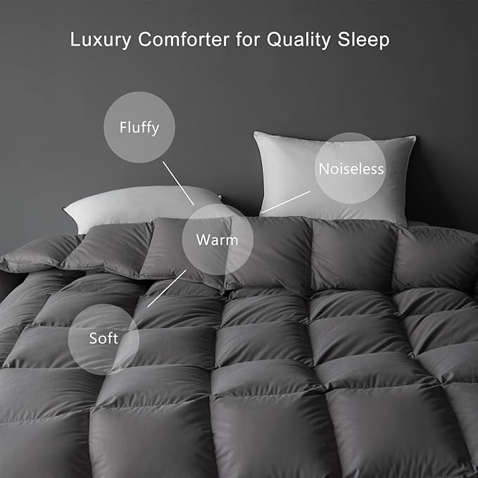 Luxury Gray Down Fiber Comforter Queen Size - Down Fiber Duvet Core for All Seasons - Soft and Medium Warmth Hotel Collection Duvet Insert - Fluffy and Cozy，Queen (90 X 90”)