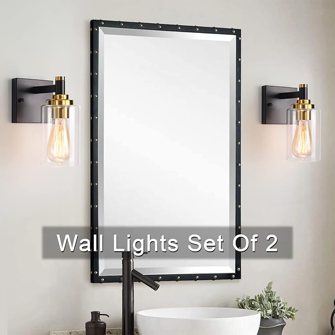 Black and Gold Wall Sconces Set of Two Bathroom Light Fixtures Brass Sconces Wall Lighting Modern Wall Light Fixtures with Glass Shade Rustic Wall Lamps for Bedroom Hallway Kitchen Living Room