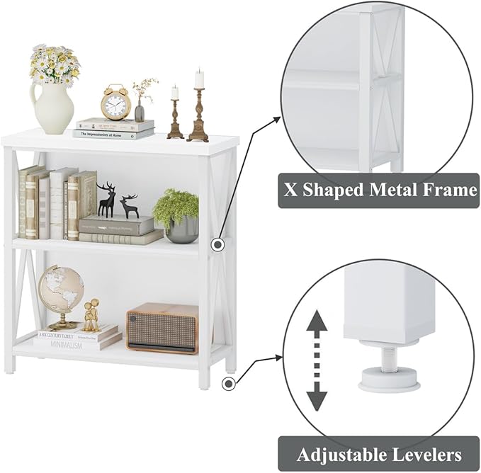 FATORRI Small Bookshelf for Small Space, Short Rustic Low Bookcase, Modern Wood and Metal Book Shelf and Narrow Book Case for Living Room, Hallway (White Oak)