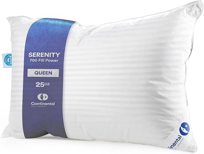 Continental Bedding | Serenity Goose Down Pillow | 700 Fill Power Hungarian White Down | 400TC Cotton Damask Shell | Made in USA | Medium, Queen (Pack of 1)