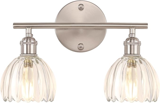 Bathroom Light Fixtures, 2-Light Vanity Wall Light Over Mirror with Clear Tulip Glass Shade for Bedroom Living Room, Satin Nickel