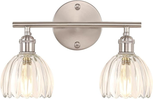 Bathroom Light Fixtures, 2-Light Vanity Wall Light Over Mirror with Clear Tulip Glass Shade for Bedroom Living Room, Satin Nickel