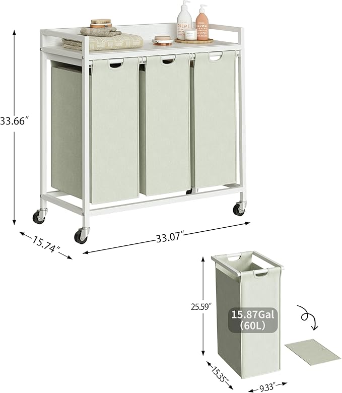 Laundry Hamper with Shelf, Laundry Basket 3 Section, Laundry Sorter with Pull-Out Removable Large Bags and Movable Wheels, Metal Frame, 3 x 15.87 Gallons (60L), White PF04XLW