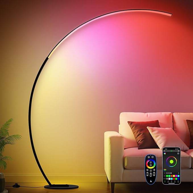 RGB Dimmable Arc Floor Lamps with 3 Color Temperatures, Ultra Bright 1800LM LED Floor Lamps for Living Room, Modern Standing Tall Lamp with Remote Control, Reading Floor Lamp for Bedroom Office
