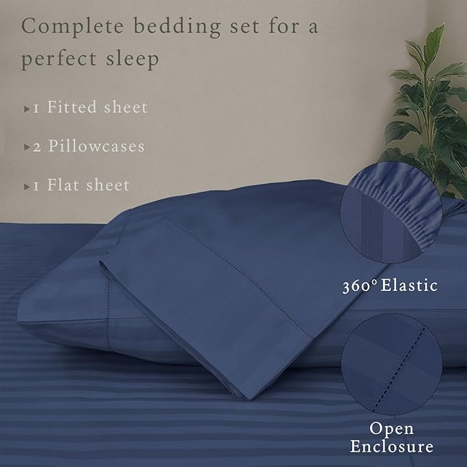 Threadmill 500 Thread Count King Size Damask Stripe, 4 Pc Luxury Cotton Bed Sheet Set, Breathable Folkstone Blue Sheets with 16" Elasticized Deep Pocket, 2 Pillowcases & Free Tote Bag