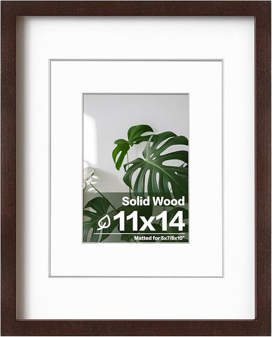 Egofine 11x14 Picture Frame Made of Solid Wood with Plexiglass, Display Pictures 5x7/8x10 with Mat or 11x14 Without Mat for Tabletop and Wall Mounting, Walnut Color