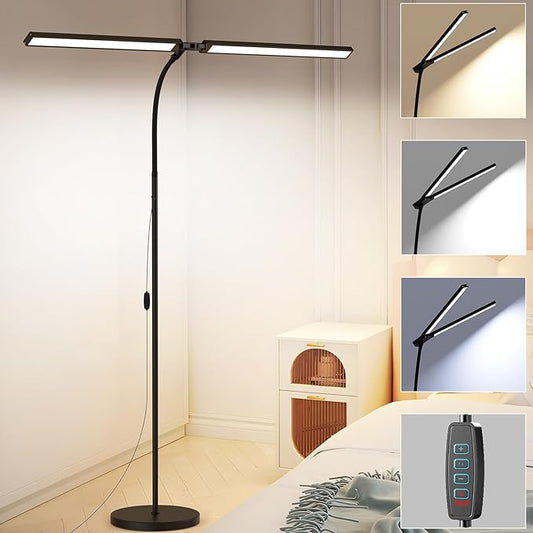 24W Ultra-Bright LED Floor Lamp for Living Room, 2400LM Double Head Craft Light with Adjustable Panels Gooseneck Lamp, Tall Standing Lamp for Office/Reading/Bedroom/Piano/Tattoo/Sewing/Puzzle/Lash