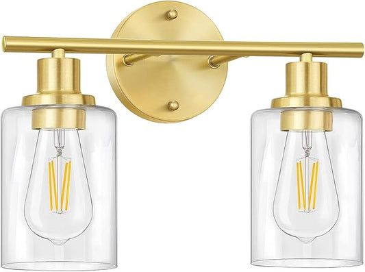 FOLKSMATE Bathroom Light Fixtures, 2-Light Brushed Brass Vanity Light, Gold Wall Sconces Lighting, Modern Bath Wall Mounted Lighting with Glass Shade, Porch Lamp for Mirror, Bedroom, Hallway