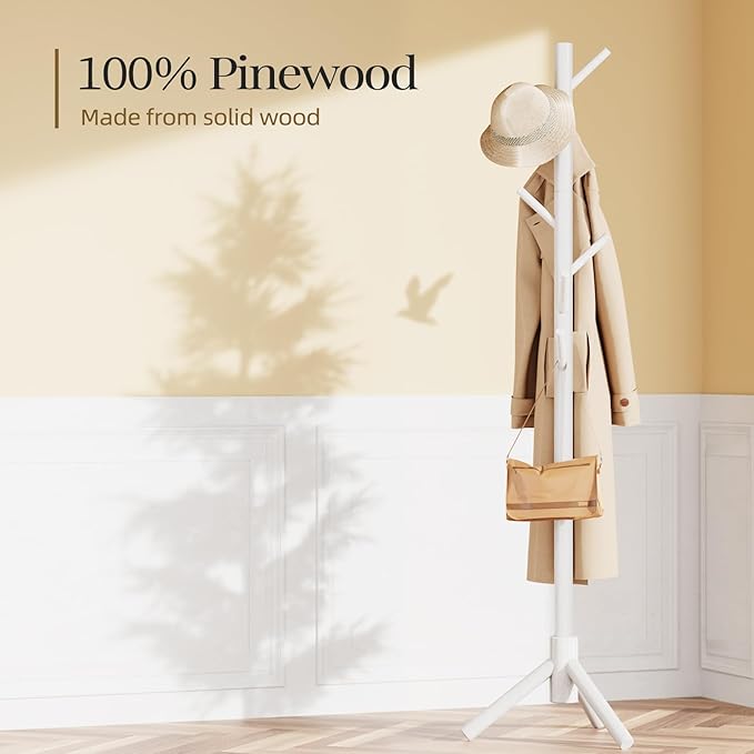 Pipishell Sturdy Wooden Coat Stand, 3 Adjustable Sizes Coat Tree with 8 Hooks, Coat Stands for Hallway Entryway, Hat Stand for Clothes, Used in Bedroom/Office/Hallway/Entryway, White