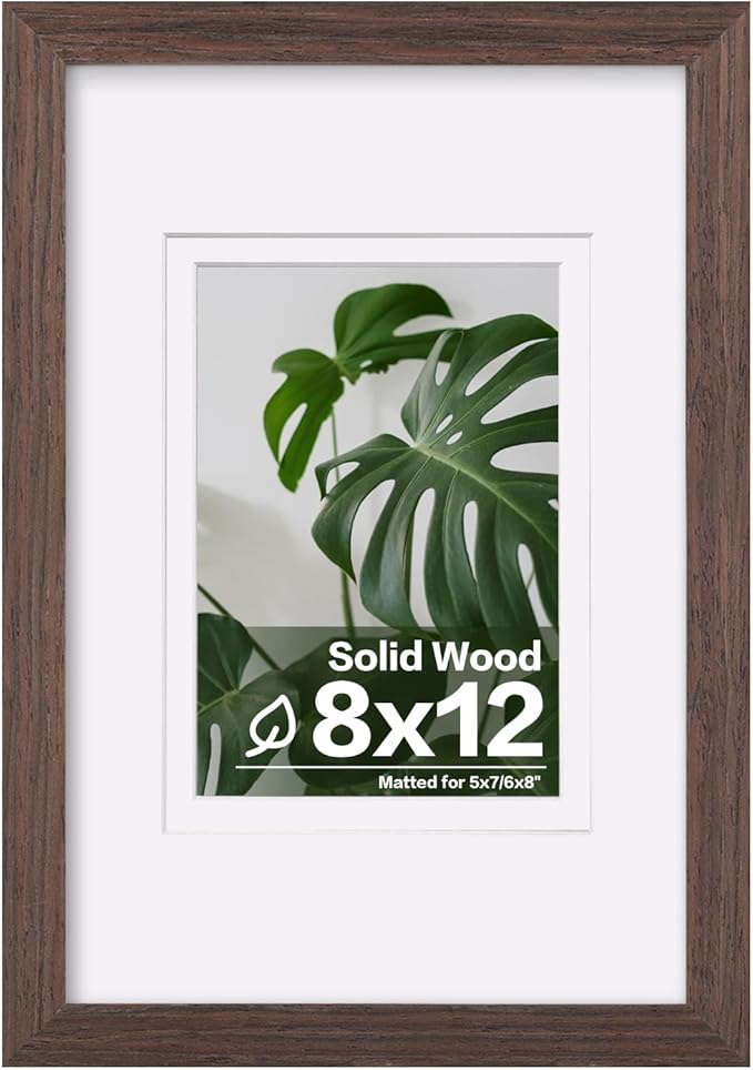 Egofine 8x12 Picture Frame Made of Solid Wood with Plexiglass, Display Pictures 5x7/6x8 with Mat or 8x12 Without Mat for Tabletop and Wall Mounting, Rustic Brown