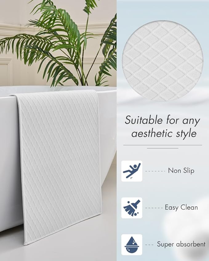 AMOAMI Ultra Thin Bathroom Rugs, Rubber Backed Bath Mats for Bathroom Non Slip, Absorbent Bathroom Mat for Floor, Shower, Sink (17"x28", White)