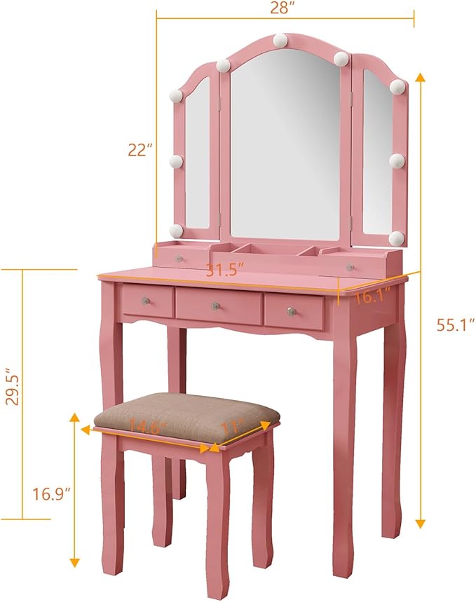 Pink Vanity Desk with Mirror and Lights for Girls Makeup Vanity Desk with Chair Vanity Table and Stool Set with 5 Storage Drawers 3 Colors Lighting Modes Tri Fold Vanity Mirror Lighted Vanity
