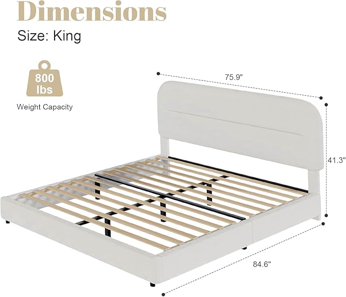 HOMBCK King Size Boucle Bed Frame, White Upholstered Platform Bed Frame King with Soft Headboard, Thickened Footboard, Rounded Corners, No Box Spring Required, Easy Assembly, White