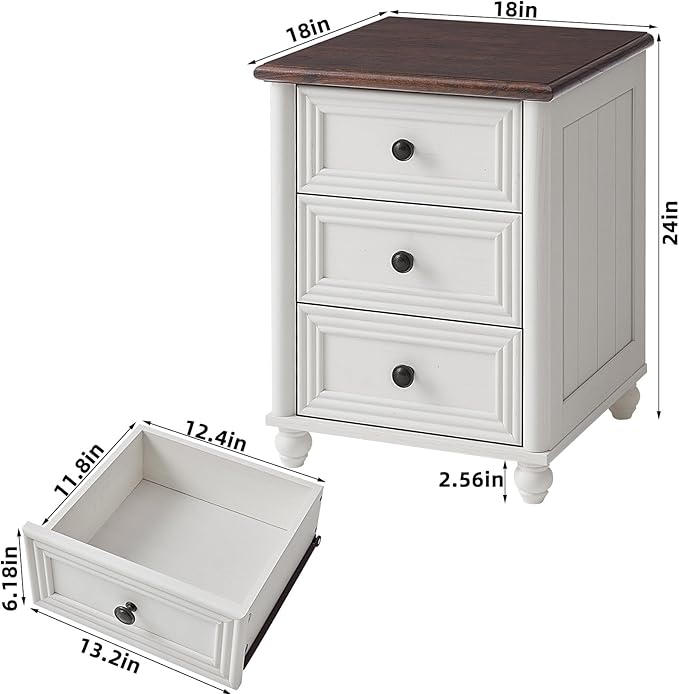 18" Farmhouse Night Stand, White Wood Nightstand with 3 Drawers, Bedside End Table with Storage and Roman Column, Bed Side Tables Cabinet for Bedroom, Living Room, and Closet