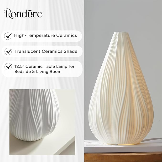 RONDURE 12.5" Modern Ceramic Table Lamp, Modern Bedside Lamps for Bedroom, Living Room and Nightstand, White Translucent Ceramic Shade, Warm Ambient Lighting, Home Decor
