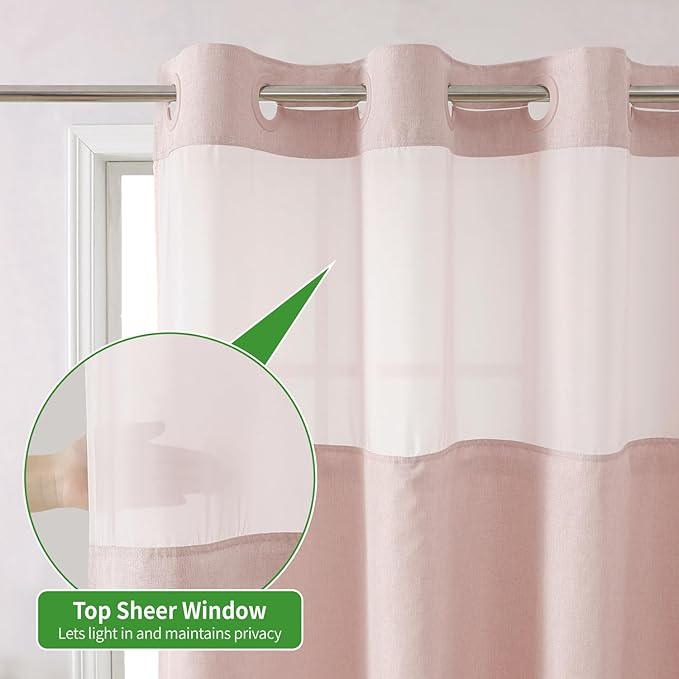 Long No Hooks Needed Linen Textured Shower Curtain with Snap-in Fabric Liner Set,Blush Hotel Luxury Decor Shower Curtains for Bathroom,Waterproof & Washable,71Wx80H