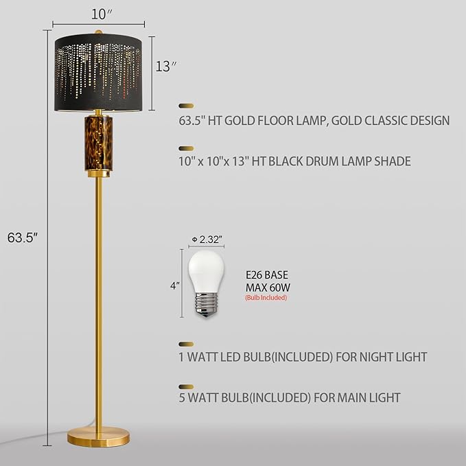 Oneach 63.75" Floor Lamp for Living Room, Modern Gold Lamp with LED Leopard Glass Night Light, Vintage Standing Lamp, Black Lampshade, Unique Luxury Tall Lamp for Bedroom Home Office(Bulb Included)