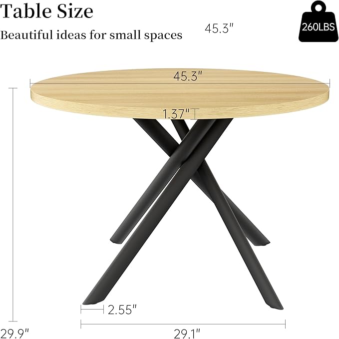 45.3 Inch Modern Round Dining Table for 4, Space-Saving Dinette with Carbon Steel Legs for Home Kitchen Apartment(Cream Table)