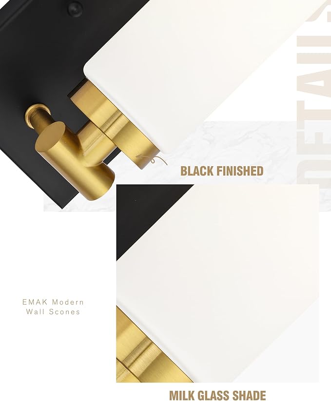 Emak Bathroom Sconces Set of 2, Black and Gold Wall Sconce with Milk Glass Shade, Modern Farmhouse Bathroom Light Fixtures for Living Room, Bedroom, Gallery, WS086-BKBGD-ML-2PK