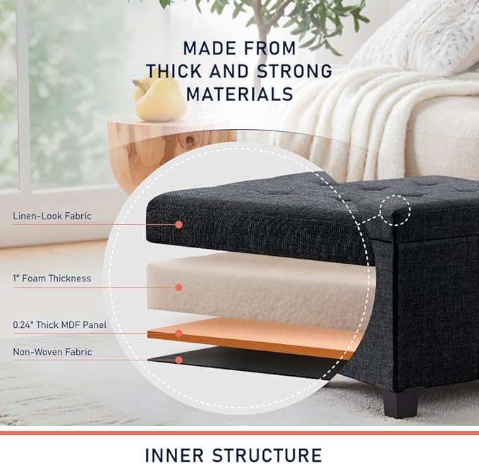 Ornavo Home 15 Inch Folding Storage Ottoman with Storage, Square Cube Linen Small Storage Ottoman Foot Rest Stool with Legs - Black