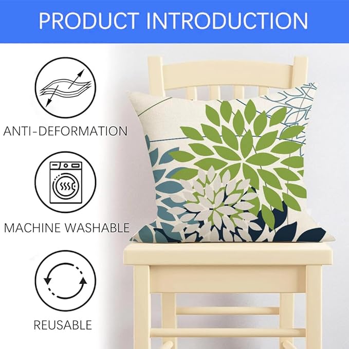 RABUSOFA Outdoor Pillow Covers 18x18 Inch Set of 2 Green Blue Flower Decorative Waterproof Spring Summer Floral Outdoor Cushion Covers for Patio Funiture Garden Couch Decor