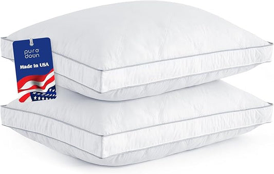 puredown® Goose Feathers and Down Pillows - Made in USA Pillows Standard Size Set of 2, Hotel Pillow with 100% Cotton Cover, Luxury Gusseted Bed Pillows for Sleeping