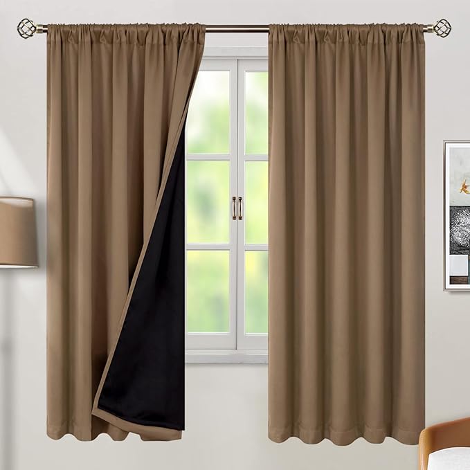 BGment 100% Room Darkening Thermal Insulated Blackout Curtains 72 Inches Long with Liner, Rod Pocket and Back Tab Double Layer Noise Reduce Curtains for Bedroom (52 x 72 Inch, 2 Panels, Taupe)