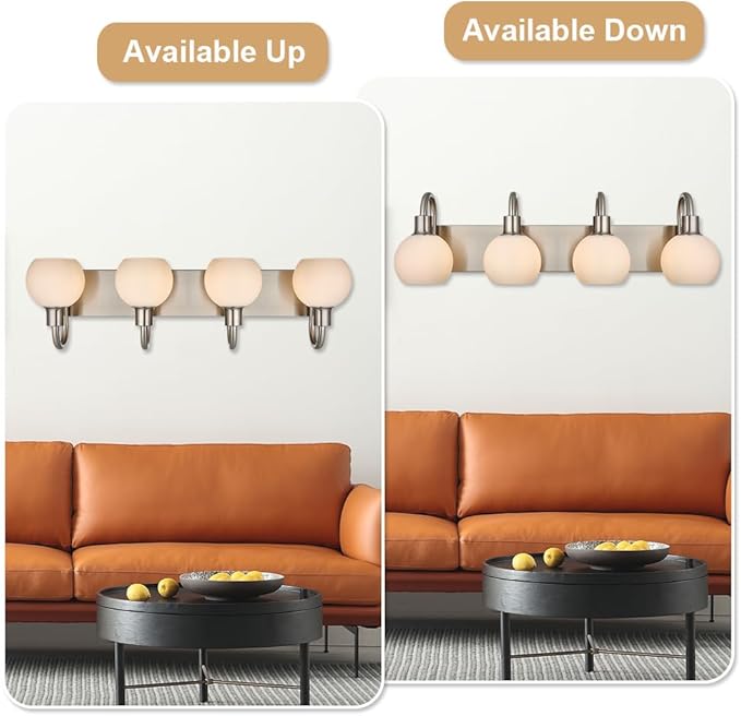 28.7 Inch Bathroom Light Fixture Brushed Nickel, Modern 4-Lights Vanity Light Over Mirror with Milk White Globe Shades, Wall Mounted Lamp for Hallway Kitchen