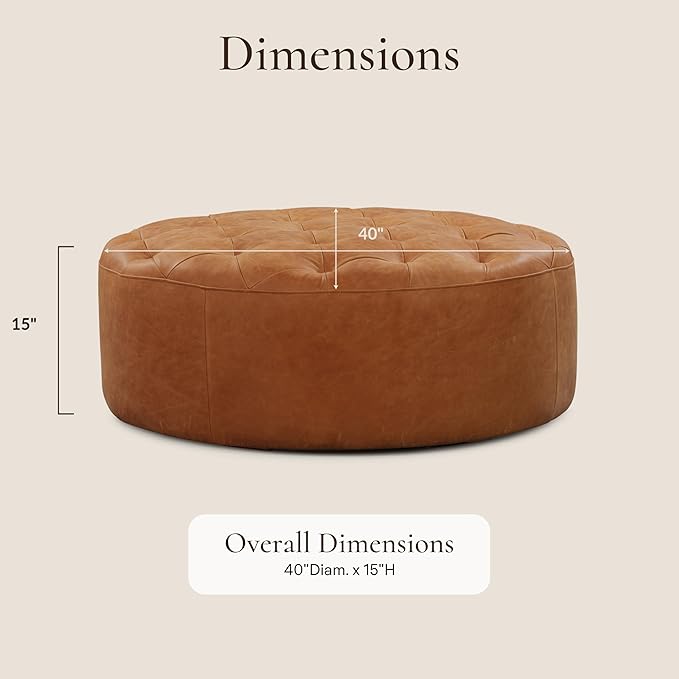 Poly & Bark Ascot Ottoman – 40" Round Pouf with Feather-Down Topper – Full-Grain Leather Upholstered Pouf Ottoman for Living Room – Vintage Italian Leather in Cognac Tan