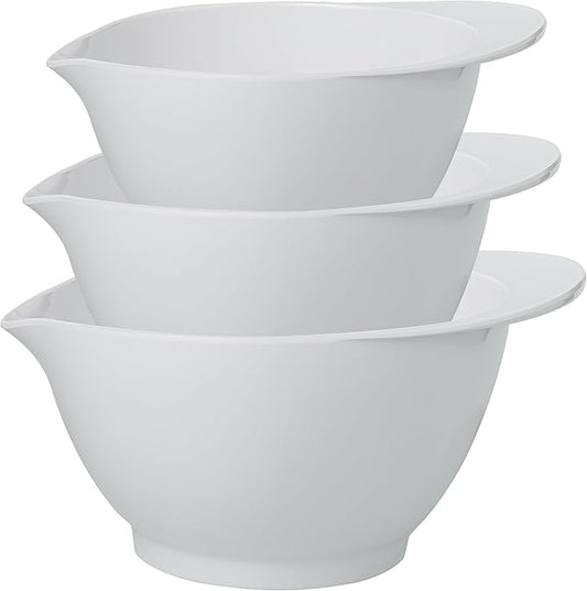 LEHAHA Melamine Mixing Bowls with Pour Spout, set of 3, Non-Slip Nesting Design, Nesting Salad Serving Bowl with large handle for Prepping, Baking, Cooking, Kitchen Cooking and Baking Supplies, White