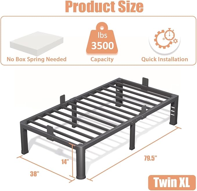 14 Inch Twin XL Bed Frame with Rounded Corner and Headboard Hole Mattress Retainers 3500 lbs Heavy Duty Support Metal Platform Bed Frame Noise Free No Box Spring Needed Easy Assembly