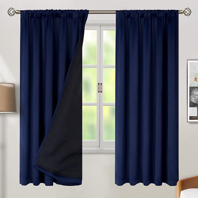 BGment Navy Blue 100% Blackout Curtains 72 Inches Long with Black Liner, Rod Pocket and Back Tab Double Layer Full Room Darkening Thermal Window Curtains for Bedroom, 2 Panels, Each 52 x 72 Inch
