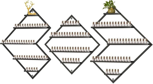 EBANKU Metal Wall Mounted Nail Polish Storage Racks, Black Display Rack Cosmetic Display Case Lipstick Wall Shelf Essential Oil Organizer for Bottles Spa Nail Salon (Irregular Rhomboid)