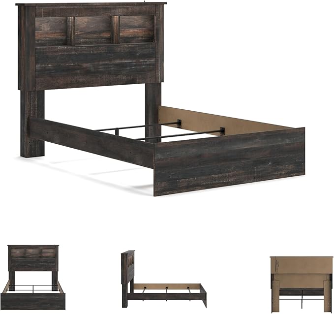 Signature Design by Ashley Drystan Rustic Full Bookcase Bed with Open Cubbies and LED Lights, Foundation or Box Spring Needed, Dark Brown & Gray