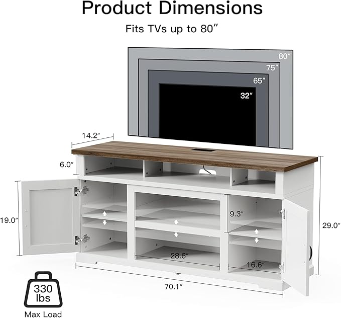 Marsail Modern Farmhouse TV Stand, Entertainment Center with Storage Cabinets, Adjustable Shelves and Power Outlets for Televisions up to 80 Inch, TV Console Table for Living Room, Brown&White