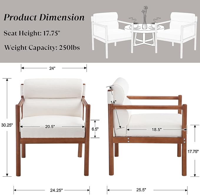 Mid-Century Accent Chairs Set of 2, Modern Linen Fabric Lounger Chairs Upholstered Armchairs with Walnut Wood Frame, Upholstery Back Leisure Chairs for Living Room, Balcony, White