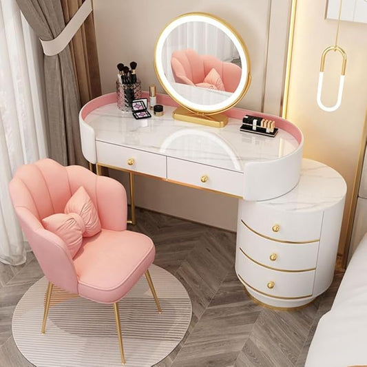 KWOKING Contemporary Make-up Vanity with Slate Stone Top & Storage Drawers Bedroom Dressing Table Storage Cabinet Integrated Table Pink - Makeup Vanity & Mirror & Petal Chair 39" L x 16" W x 31" H
