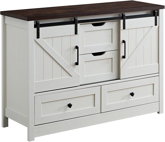 Farmhouse Dresser for Bedroom, 4 Drawers Dresser with Sliding Barn Door, 48" Wide Dresser 4 Chest of Drawers, Storage Organizer Dresser for Bedroom, Hallway, Living Room, Dining Room, Antique White