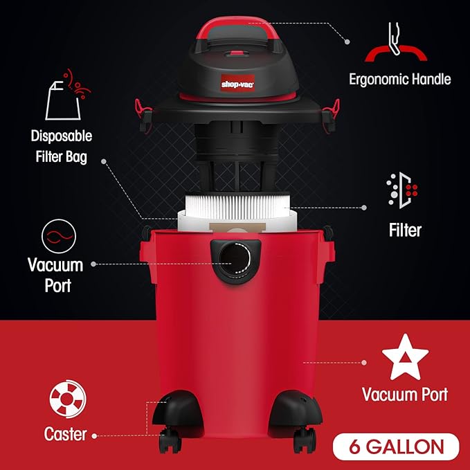 Shop-Vac 6 Gallon 3.0 Peak HP Wet Dry Vacuum, 3 in 1 Function Heavy-Duty Shop Vacuum with Filters, Attachments, Ideal for Home, Jobsite, Garage, Car & Workshop. 5971636